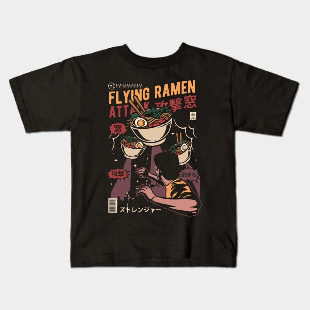 Retro Ramen Noodle Japanese Flying Ramen Attack Ramen Lover Kids T-Shirt by anubis1986